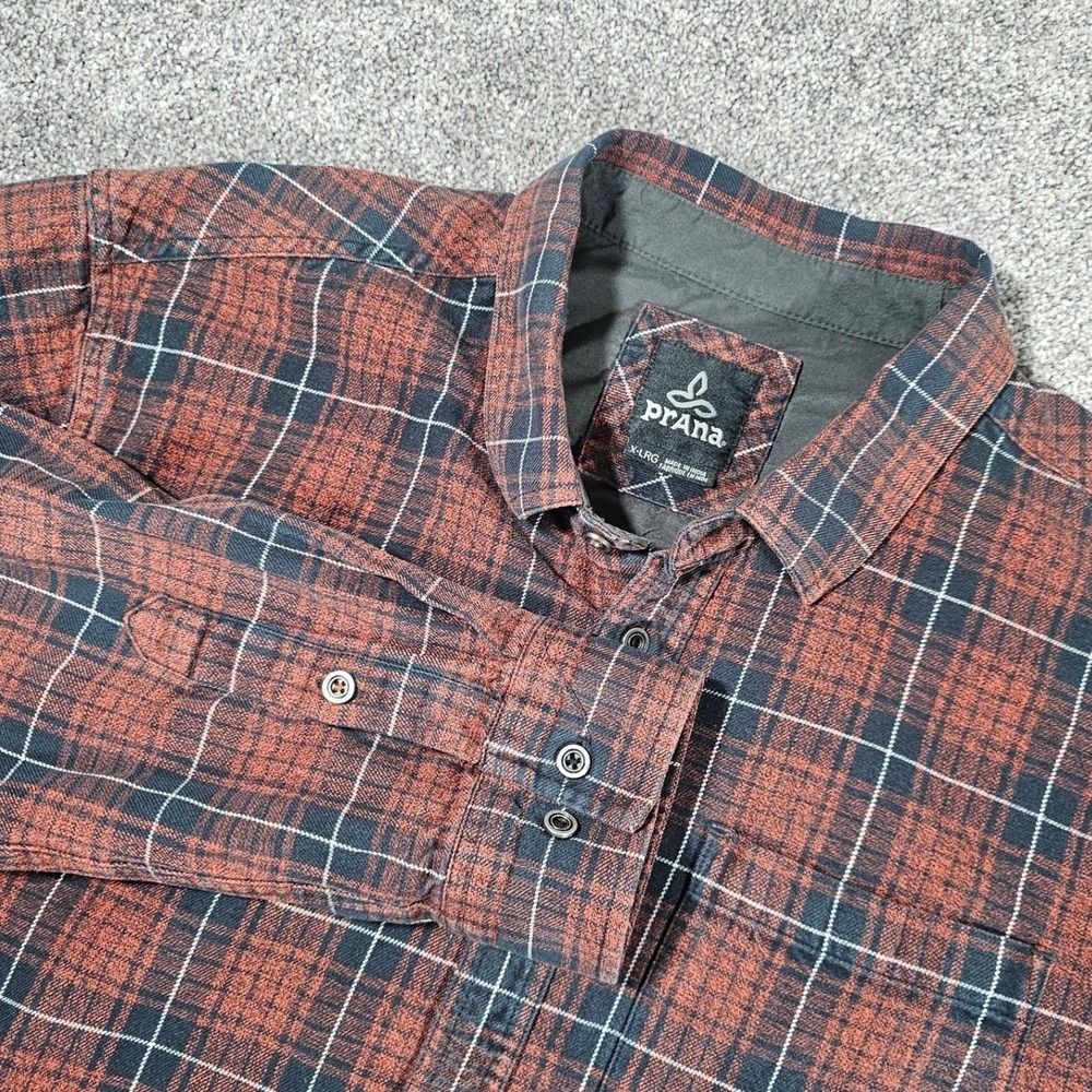 prAna Flannel Shirt Mens XL Rust Blue Plaid Organic Cotton Button Down M2WOOD315 - Picture 3 of 12